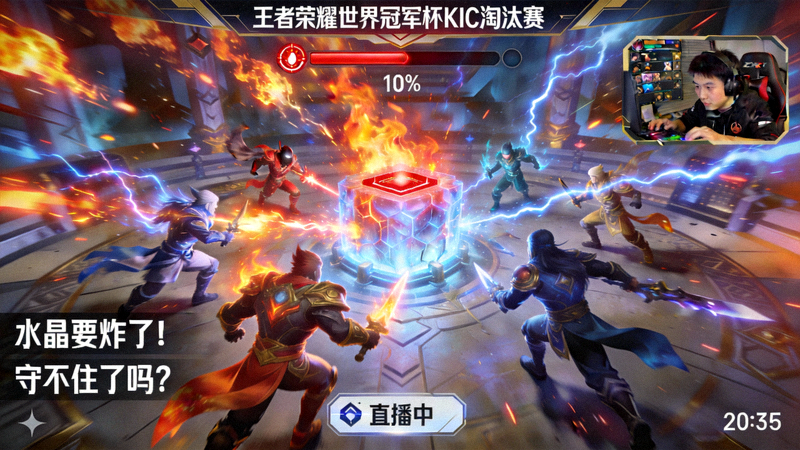 王者荣耀世界冠军杯KIC淘汰赛直播画面 - 游戏内英雄团战场景，水晶即将告破