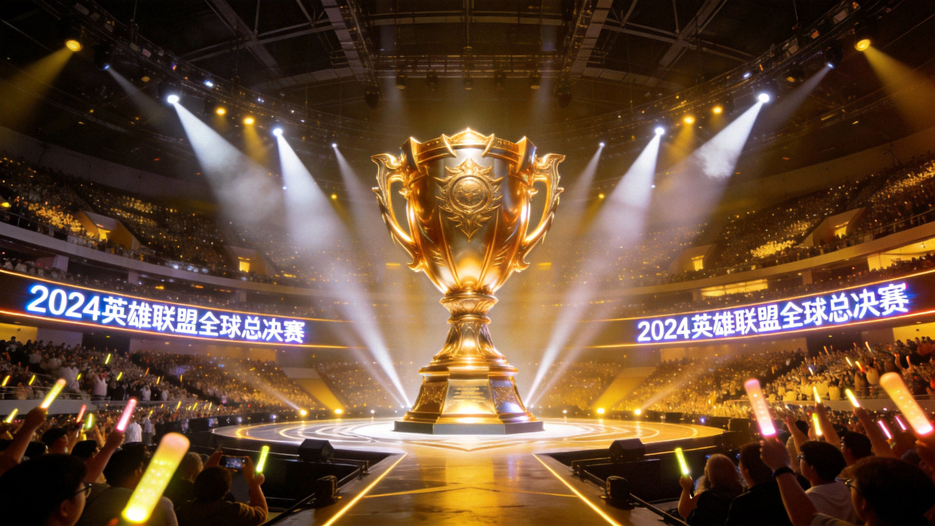 英雄联盟全球总决赛S14主舞台直播画面 - 上海东方体育中心座无虚席，舞台中央巨大的召唤师奖杯闪耀